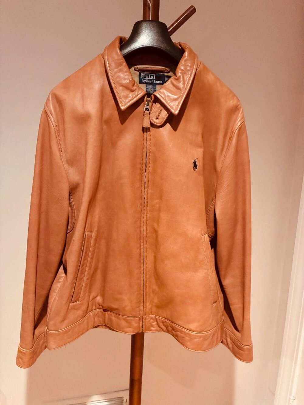 Vintage Polo Ralph Lauren Lambskin Leather Harrington Jacket in a tan XL